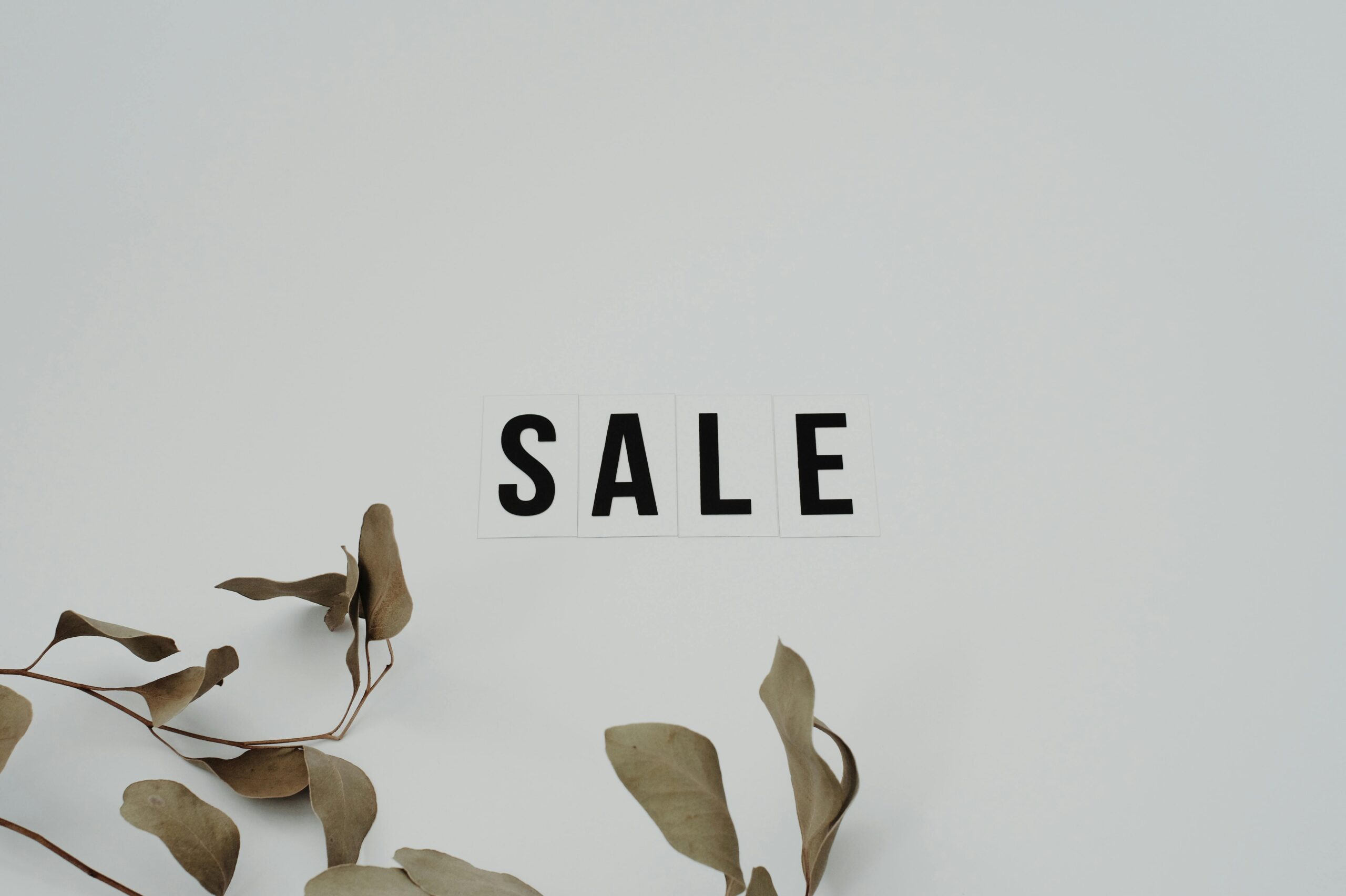 Minimalist SALE sign with eucalyptus leaves on white background, perfect for retail marketing.