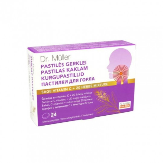 Nahrungsergänzungsmittel DR. MÜLLER Lutschtabletten für den Hals Salbei mit Vitamin C + 20 Kräutermischung, 24 Lutschtabletten